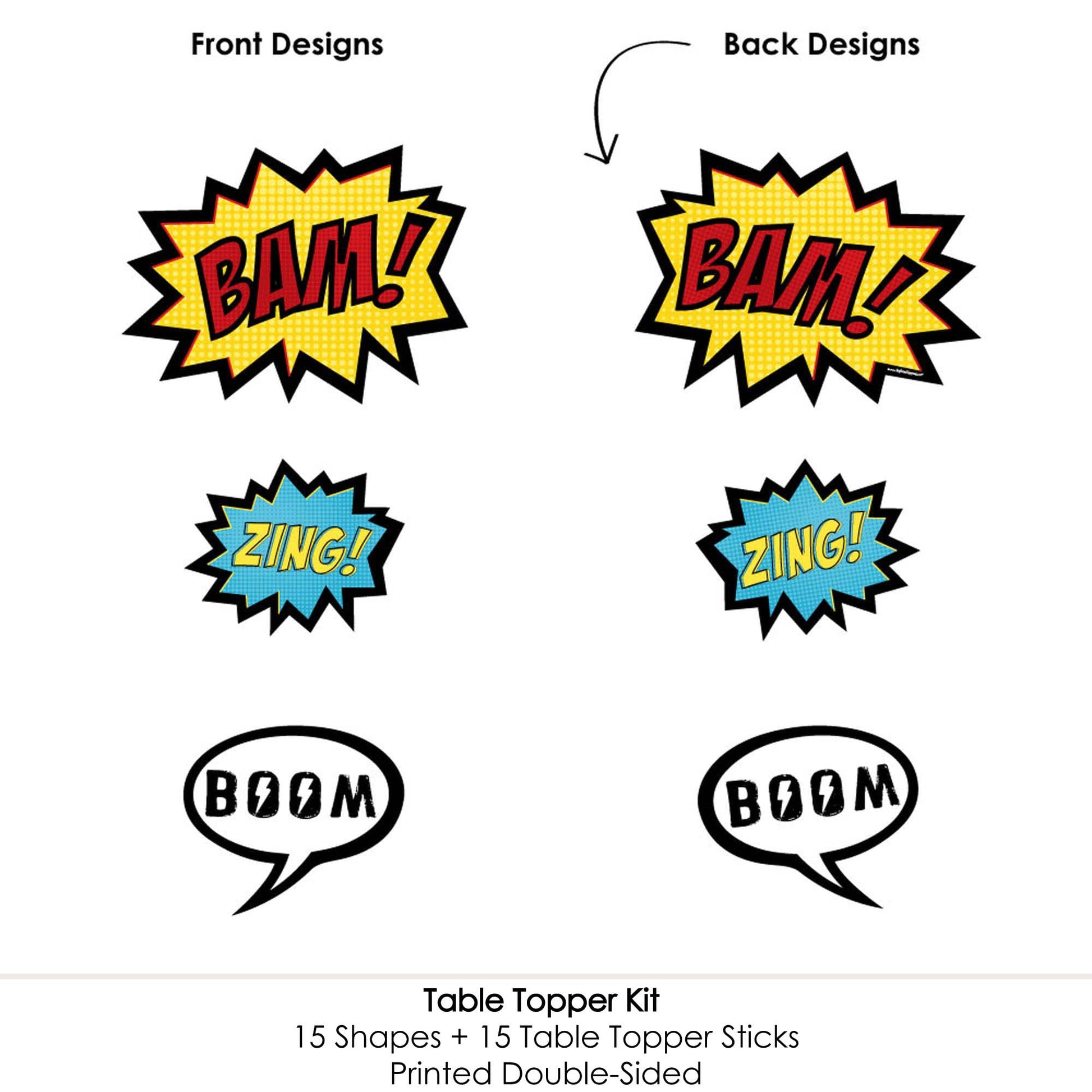 Big Dot of Happiness Bam Superhero - Baby Shower or Birthday Party Centerpiece Sticks - Table Toppers - Set of 15
