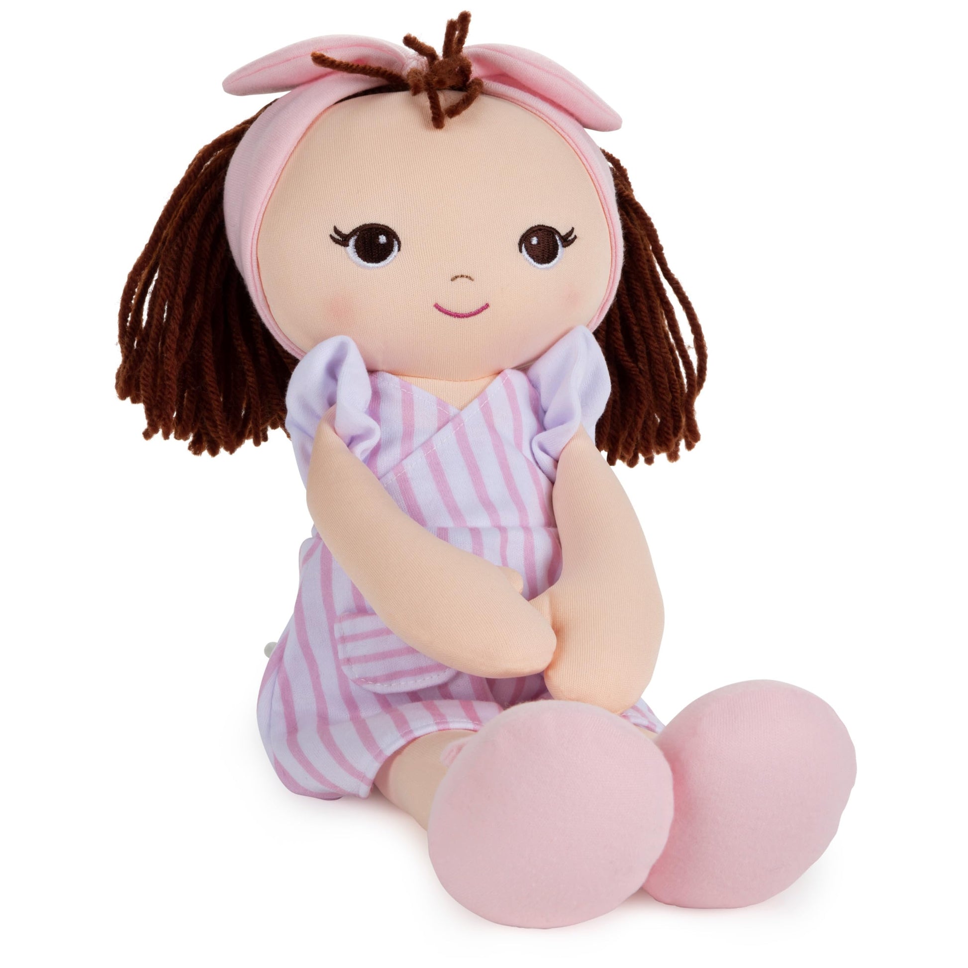 GUND Baby Toddler Doll Plush Brunette, Pink Striped Dress, 8"