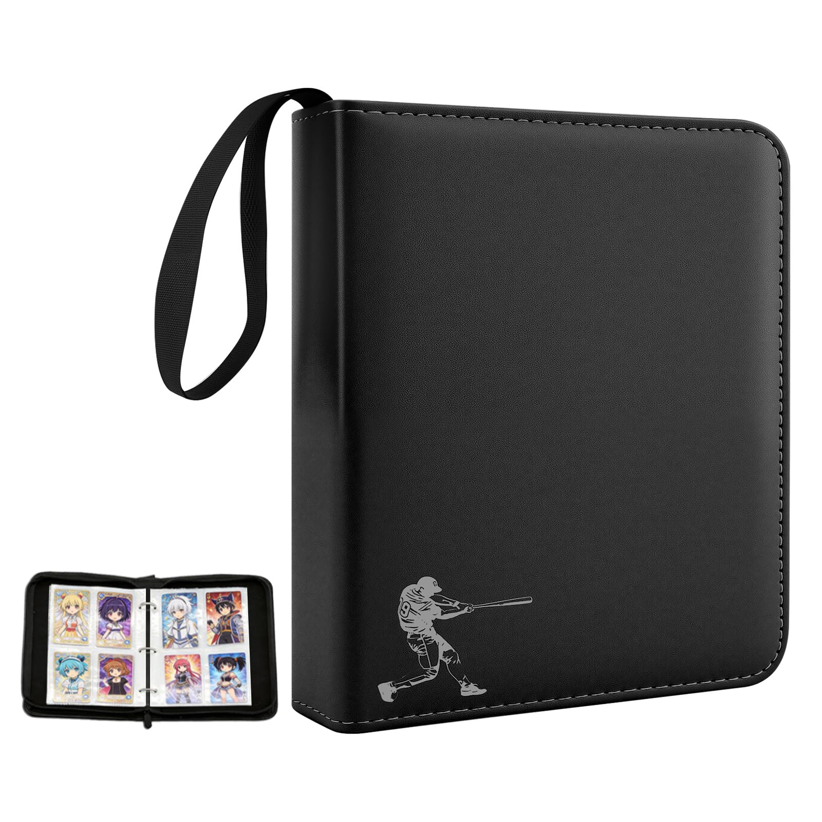 QULUXAO PU Leather Baseball Card Binder 4 Pocket,Holds 400 Cards Double Sided Black Card Binder,50 Removable Sleeves Baseball Cards Binder,3 Ring