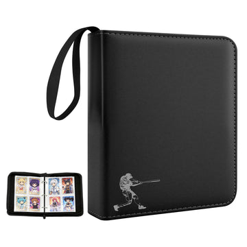 QULUXAO PU Leather Baseball Card Binder 4 Pocket,Holds 400 Cards Double Sided Black Card Binder,50 Removable Sleeves Baseball Cards Binder,3 Ring
