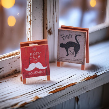 Set of 2 Miniature Holiday A-Frame Signs, Double-Sided Christmas or Halloween Wood Signboards for 1:12 Scale Dollhouse, Festive Decor for Tiered Tray