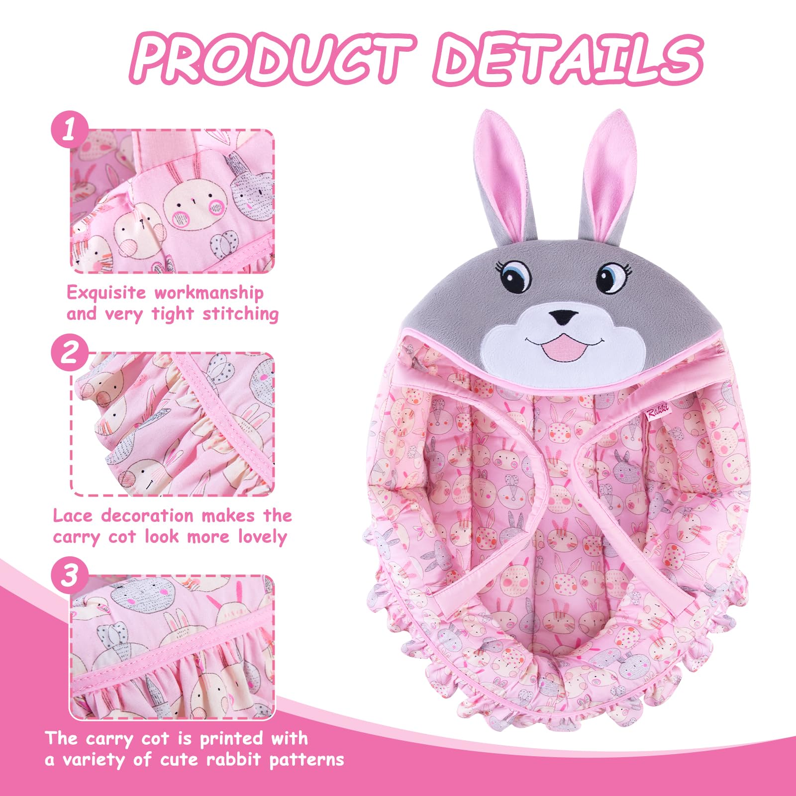 Rakki Dolli Doll Carry Cot Doll Carry Crib Doll Carrier with Fashion Embroidered Rabbit Face, Fits for 16” 18” American Girl Dolls