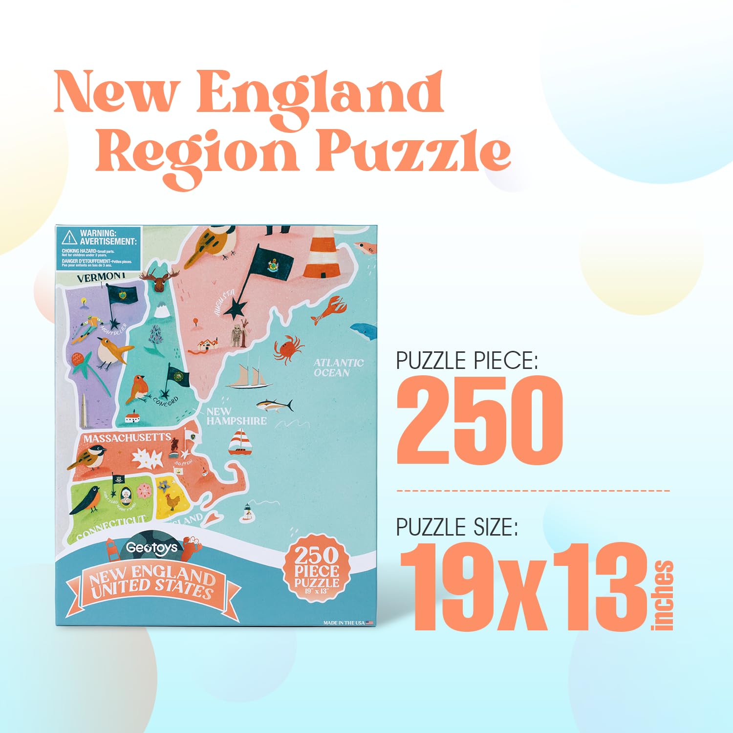 Geotoys New England Region Jigsaw Puzzle - Educational and Interactive Map Game - 250 Piece Puzzles - Jigsaw Puzzles for Kids Ages 8-12 - Kids Puzzle
