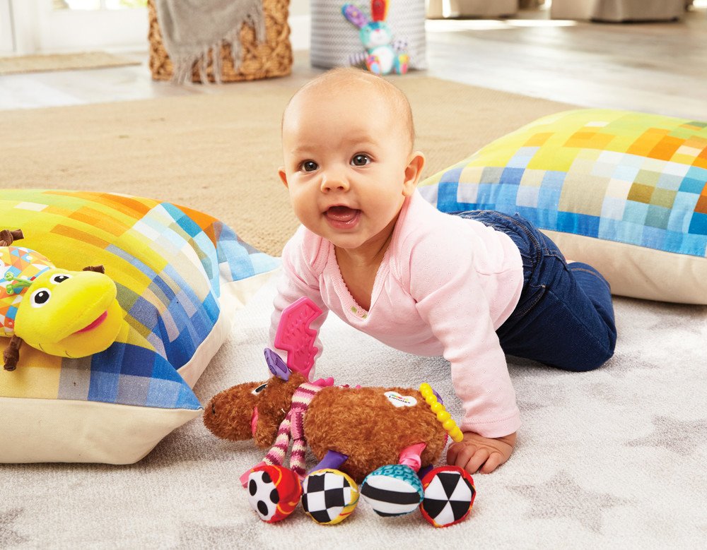 Lamaze Clip On Car Seat and Stroller Toy - Muffin the Moose - Crinkle Sensory Toys for Babies on the Go - High Contrast Travel Toys for Infants - Ages
