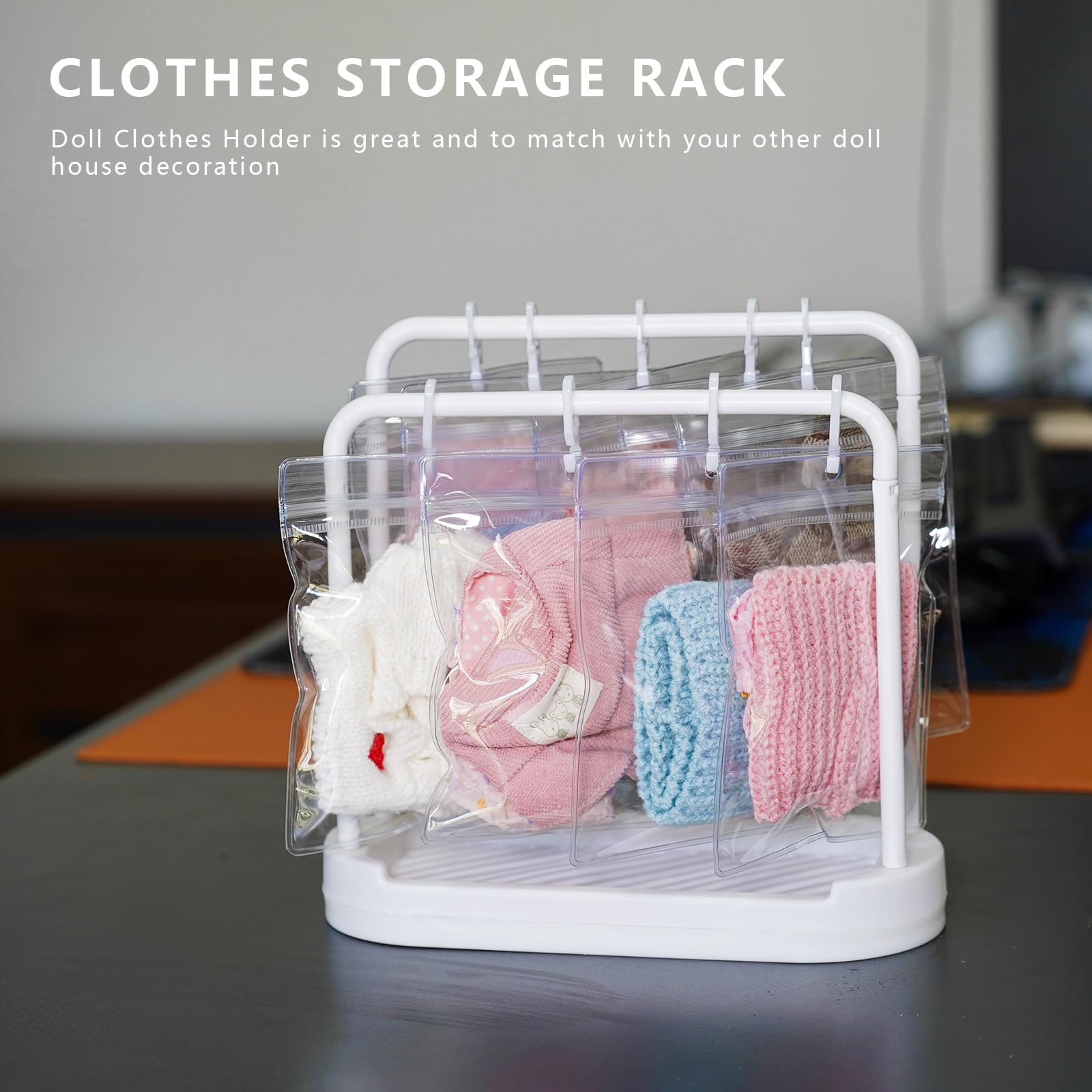 Treayes Doll Clothes Organizer with 20 PVC Clear Bags - Detachable Hanging Rack with Tiered Design & 20 Hooks, Wardrobe Storage for 7 Inch Fashion