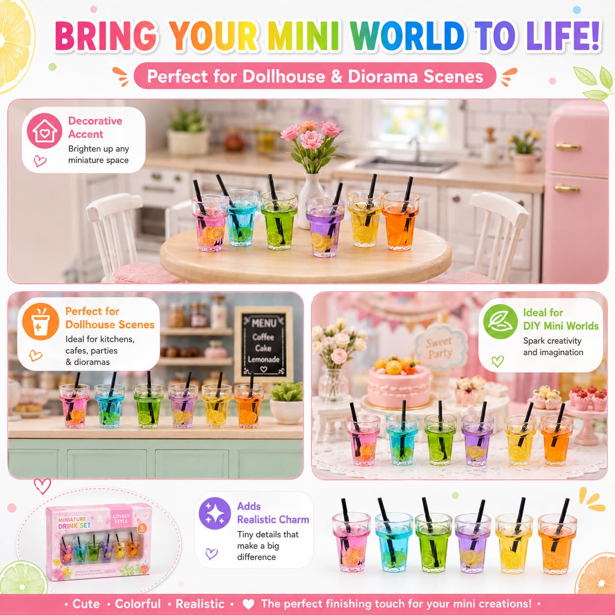 6Pcs Miniature Dollhouse Drink Set, 1:12 Scale, Colorful Resin Glass Cups with Beverage, Simulated Fruit Juice and Lemon Models, 0.72 x 0.5 Inch
