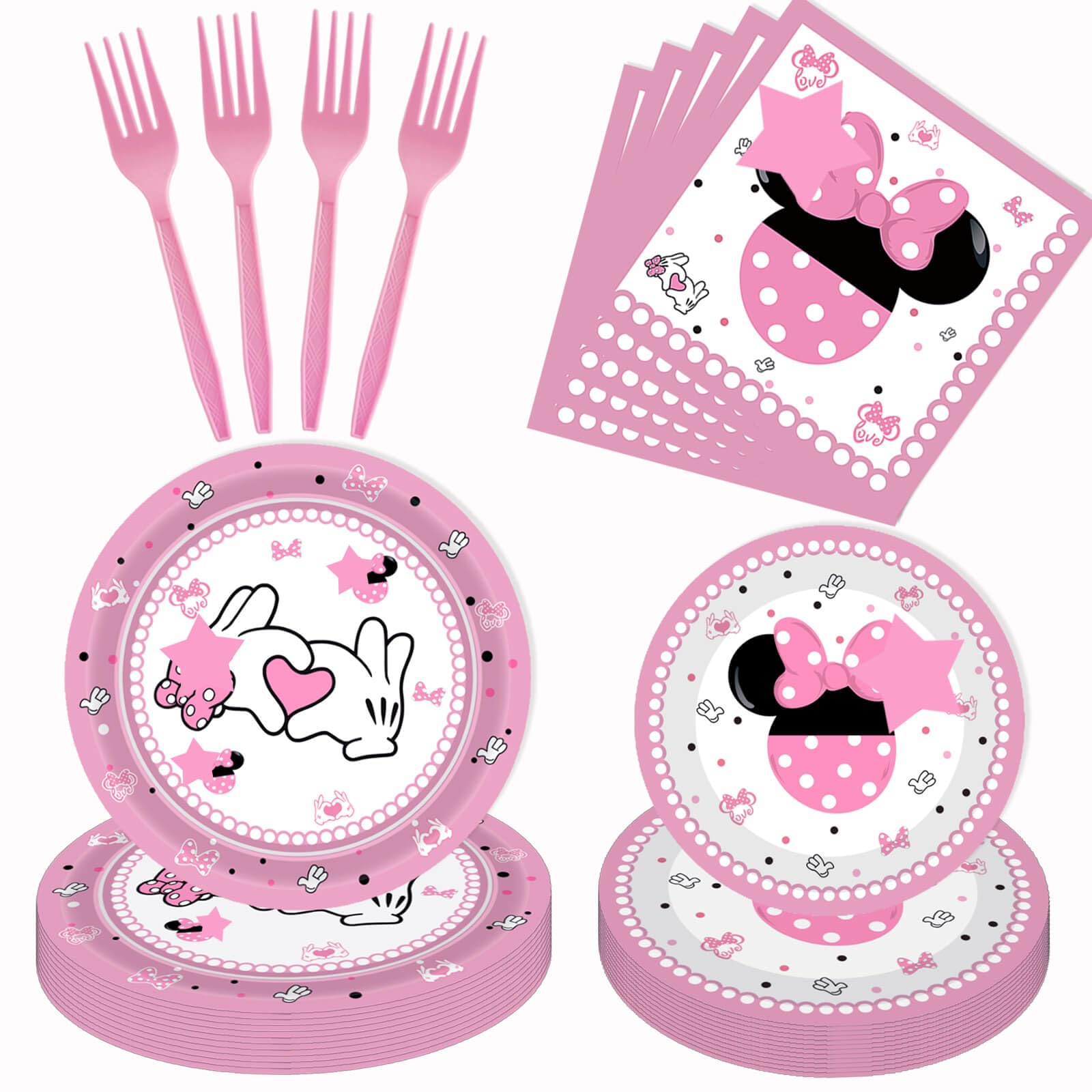 80 Pcs Pink Cartoon Birthday Party Decorations, Pink Girls Dessert Plates Napkins Forks Tableware Kit for Baby Shower Girls 1st 2nd 3rd 4th 5th 6th