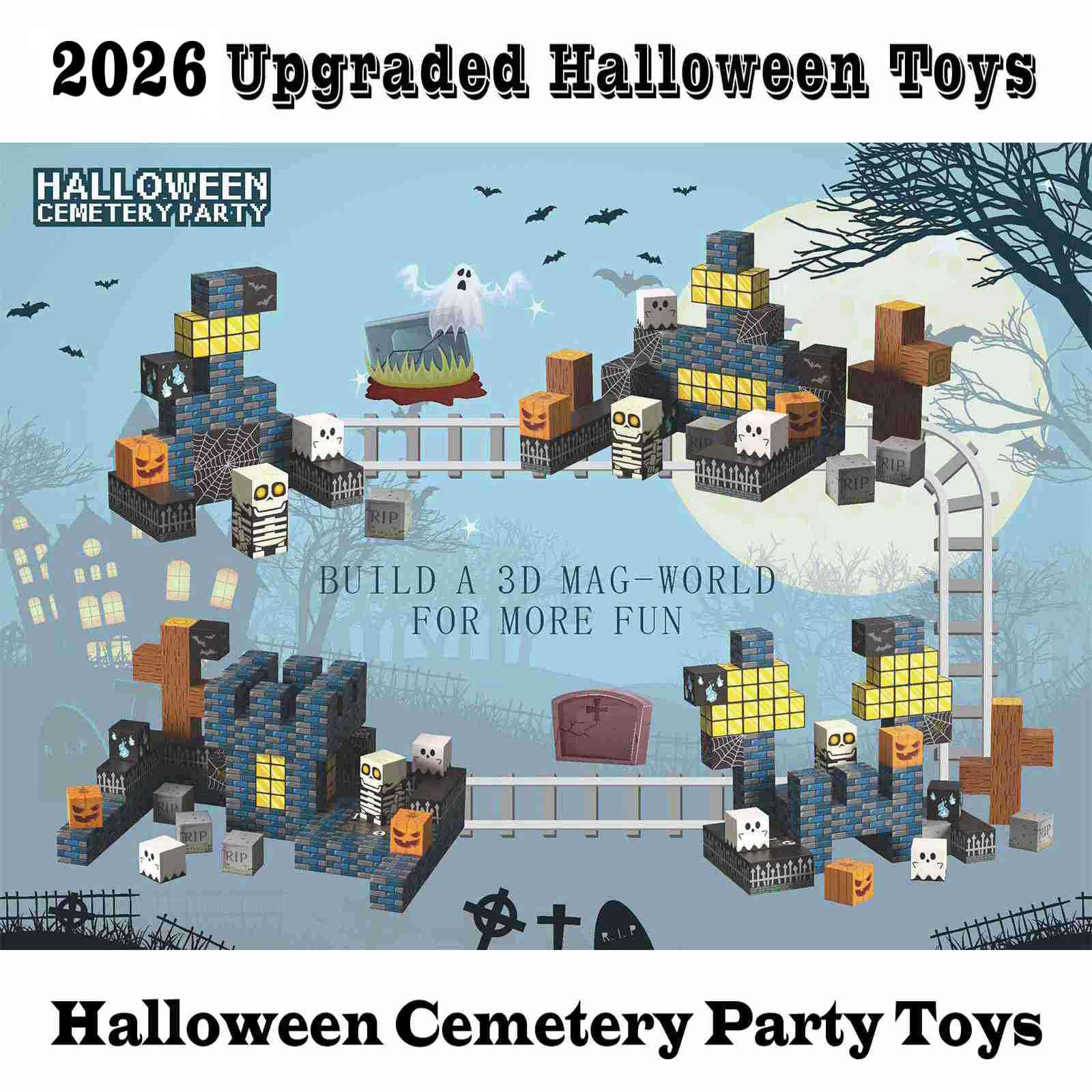 amdohai Magnetic Blocks Kids Skeleton Toy Spooky Town Building Magnetic Tiles Halloween Themed Toys Gift for Boys Girls & Adults