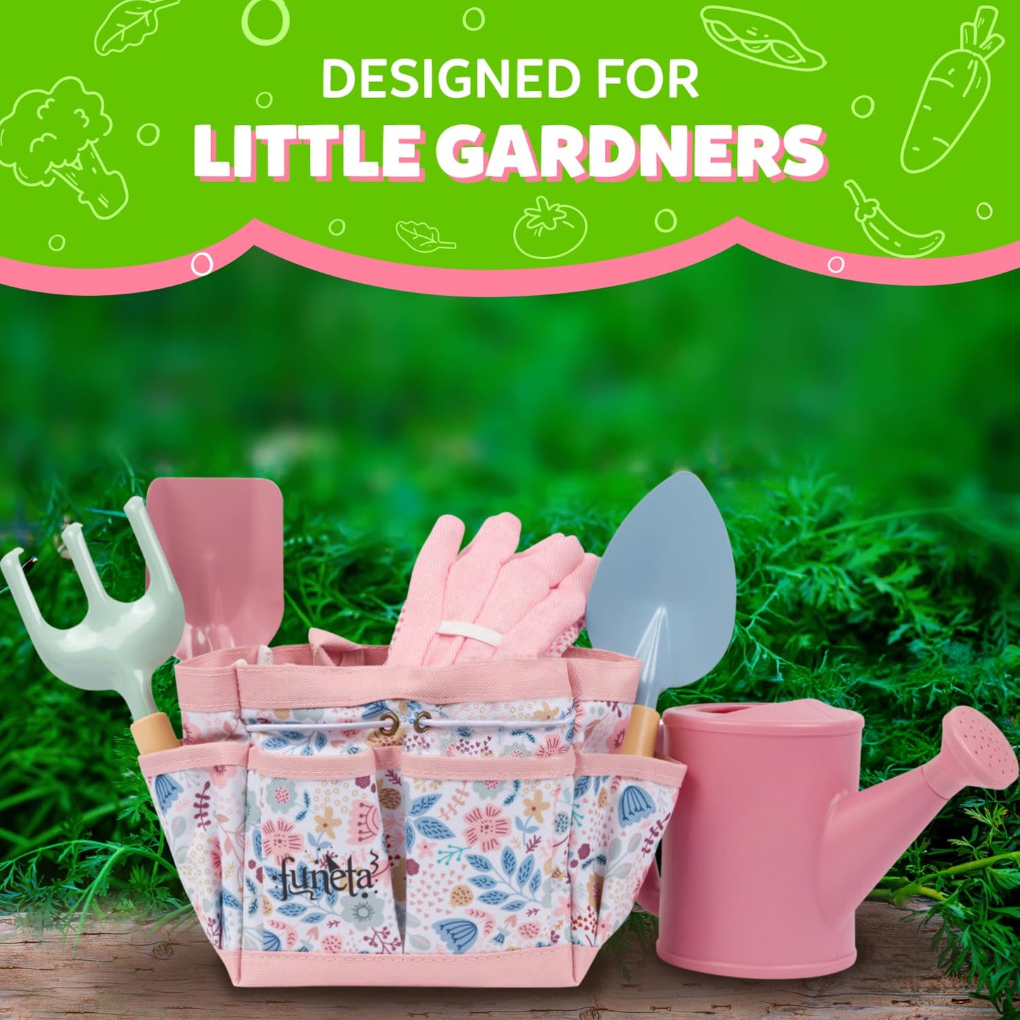 Kids Gardening Set with Watering Can - Toddlers Outdoor Gardening Kit with Planting Gloves, Shovel, Rake, Pink Tote Bag - 6PCS Kids Plant Growing Kit