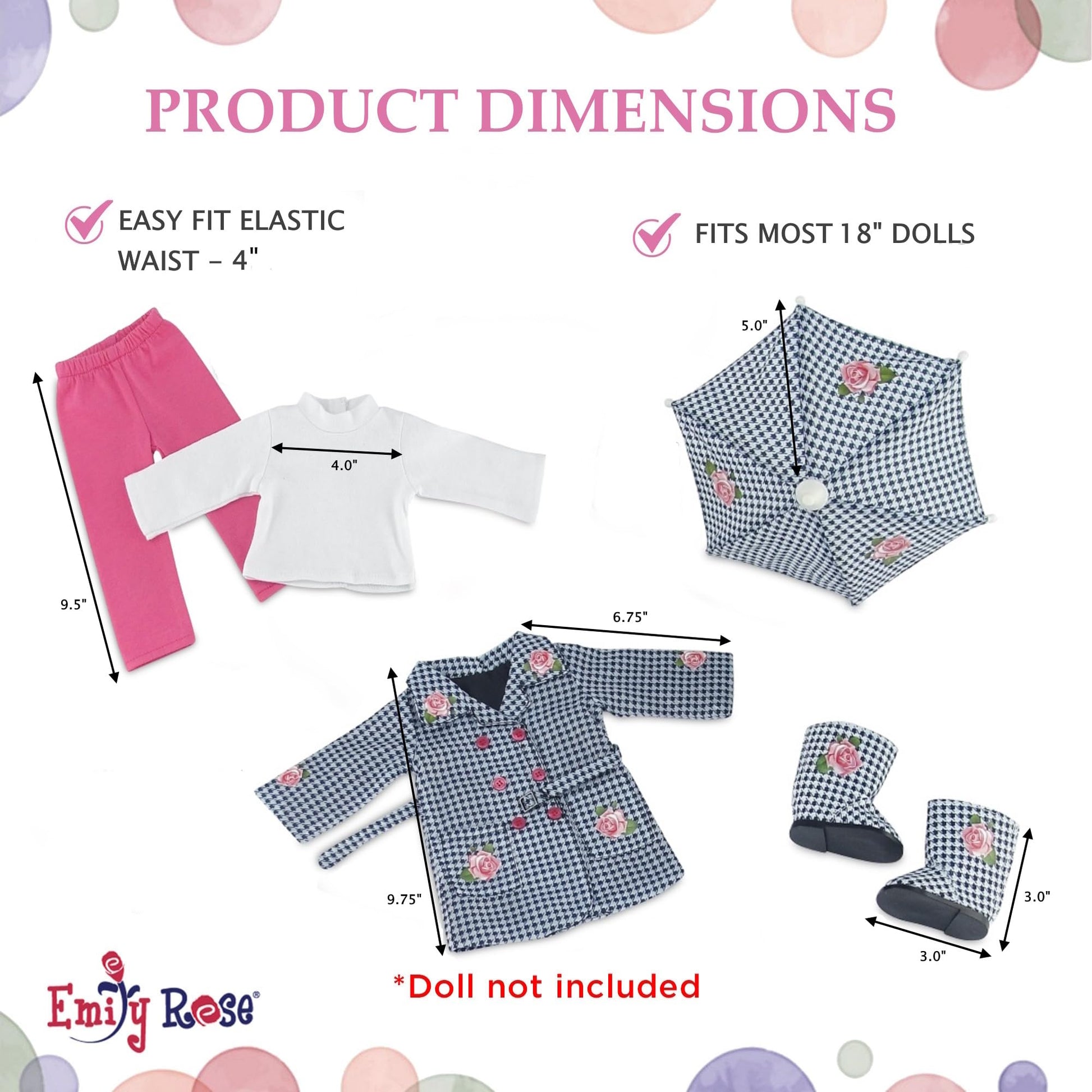 Emily Rose 18-inch Doll Raincoat Set 5-PC - Complete Rainy Day Outfit with Working Umbrella & Boots | American Girl Compatible | USA Brand