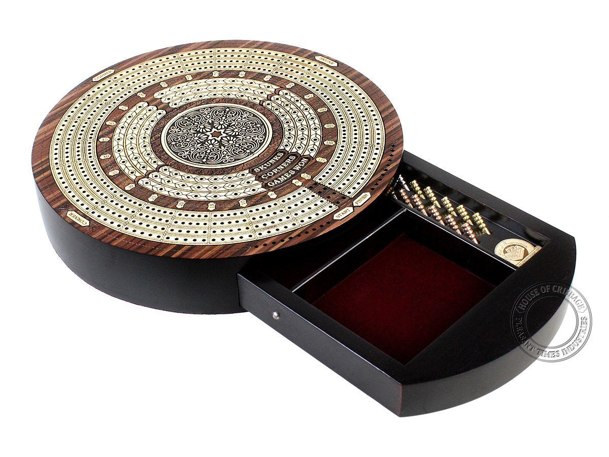 House of Cribbage - 10" Round Shape 4 Tracks Continuous Cribbage Board - Rosewood/Maple - Push Drawer with Score Marking Fields for Skunks, Corners