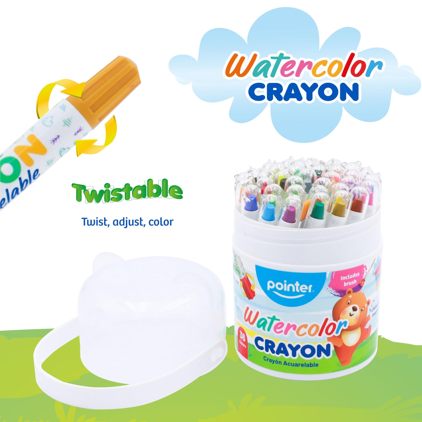 Pointer Watercolor Crayons - 36 Twistable Crayons with Brush in Bear-Eared Storage Jar - Non-Toxic Art Set for Kids - Great Christmas Gift