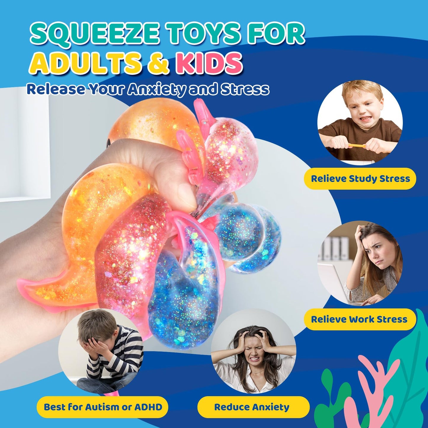 8 Pack Slow Rising Stress Ball, Cute Axolotl Stretchy Fidget Toys for Kids Adults, Slow Rebound Squeeze Balls for Hand Tactile Play, Ideal for
