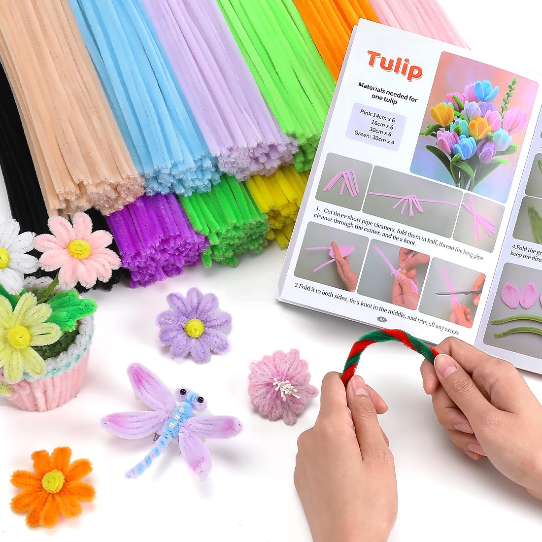 AIZANYU 1200pcs Pipe Cleaners Bulk. 24-Color Chenille Stems for Craft. Art Supplies for Flowers. Flower Making Manual Included