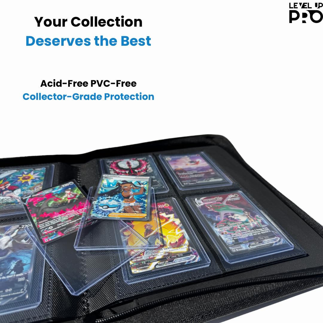 Toploader Binder for 112 Top Loaders - 4 Pocket Trading Card Case - Pokemon, MTG, Sport Cards - Zip Binder - Level Up Pro (Matte Black)