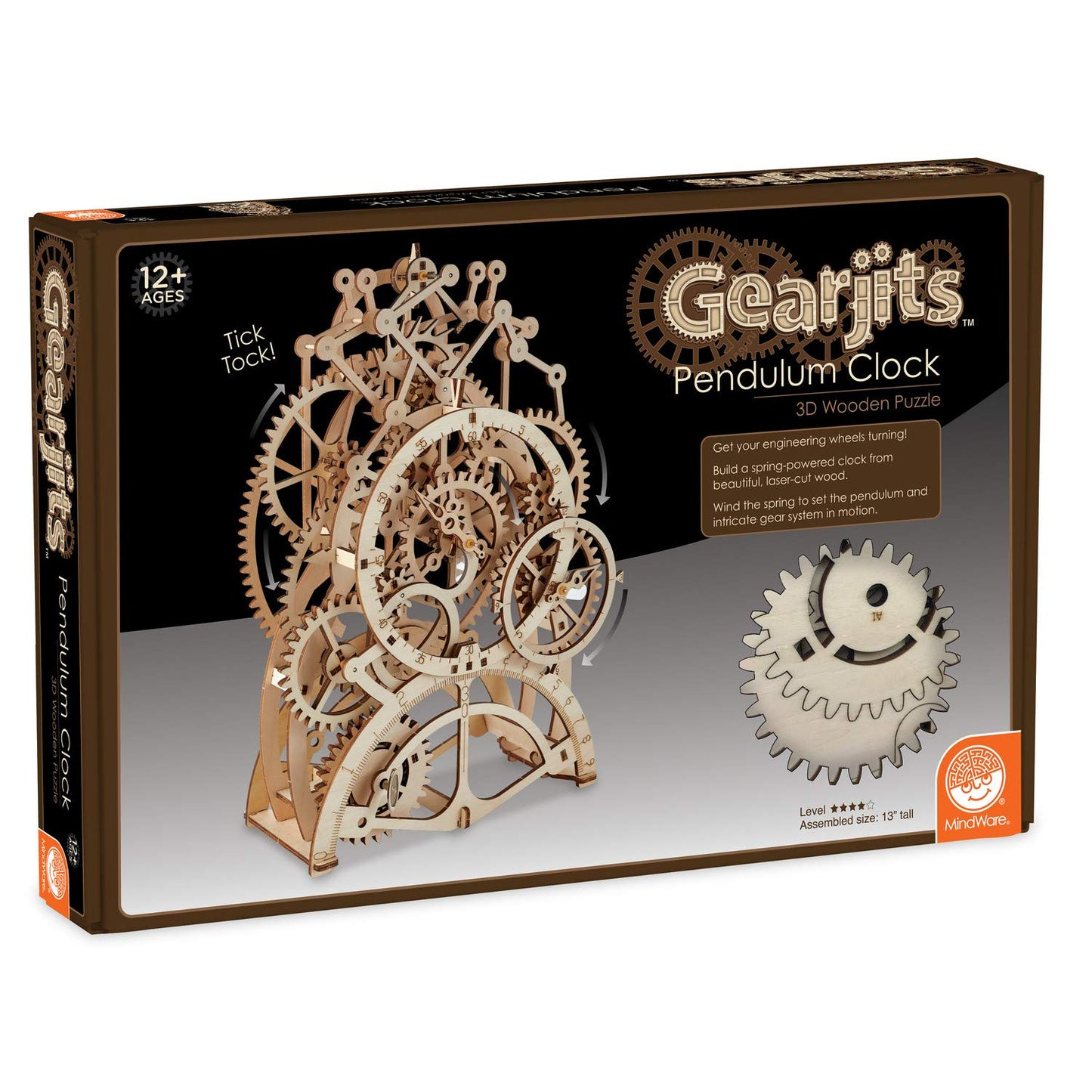 MindWare Gearjits Clock - 3D Wooden Mechanical Model Kit for Teens and Adults, Build Your Own Working Clock witj Moving Gears