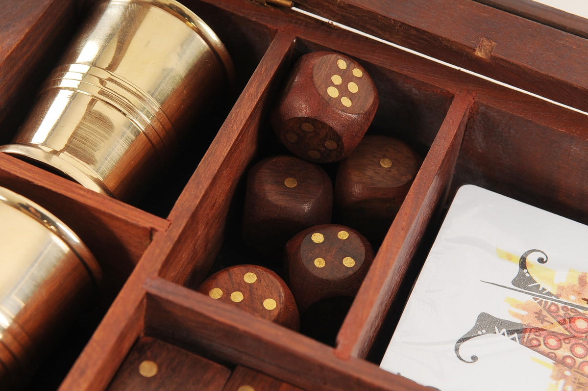 Old Modern Handicrafts Wooden Game Set with Brass Goblet - Endless Family Entertainment: Three-in-One Game Set - A Graceful Addition to Your Home