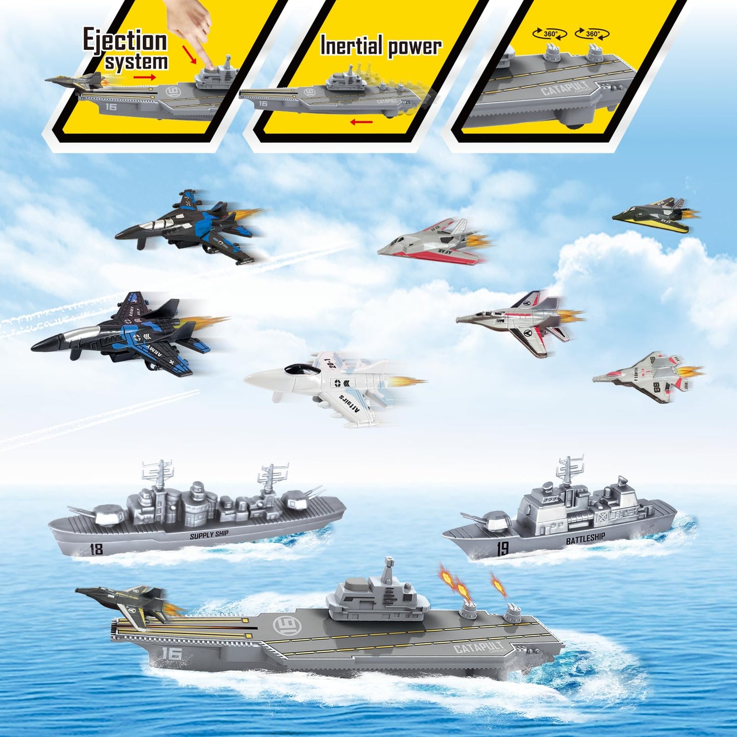 WASK Army Toys for Boys - Launching Military Aircraft Carrier Toys Set Military Naval Ship with Battleship, Supply Ship, Fighter Jets, Aircraft