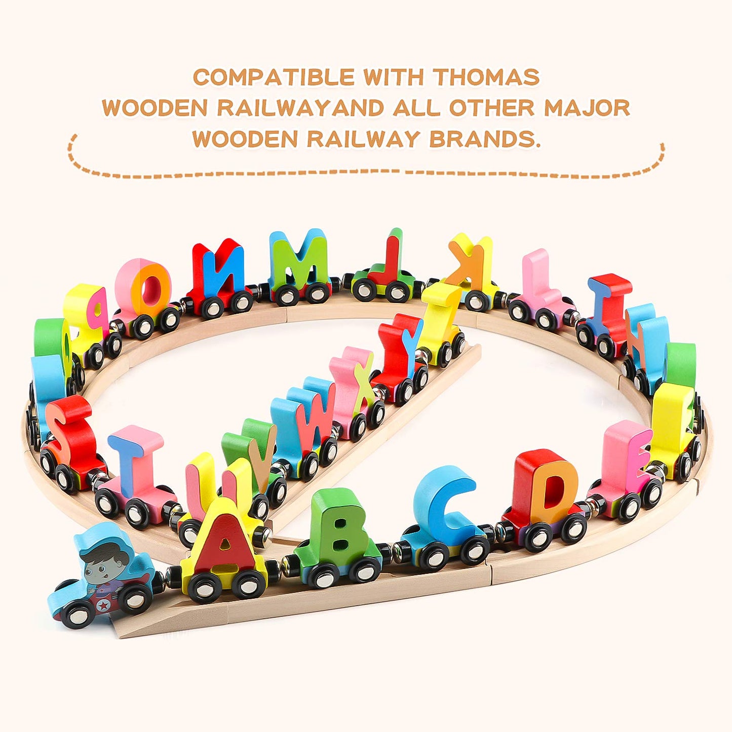 Wondertoys Wooden Alphabet Train Toy 27 PCS Magnetic Alphabet ABC Letter Train Set Includes 42 PCS Flash Cards, 1 Engine and 1 Storage Box