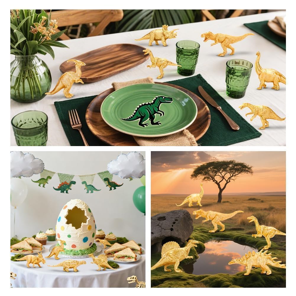 BOLZRA Metallic Gold Plastic Dinosaurs Figurine Toys, 12PCS Golden Dinosaur Figures for Boys Girls, Baby Shower, Bridal Shower Decorations, Kids Dino
