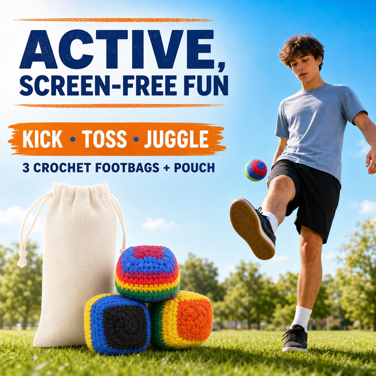 LeilieCSC Crochet Footbag 3 Pack, Hand-Crocheted Cotton Yarn Kick Balls for Kids, Teens and Adults, Soft Juggling Balls for Outdoor Games