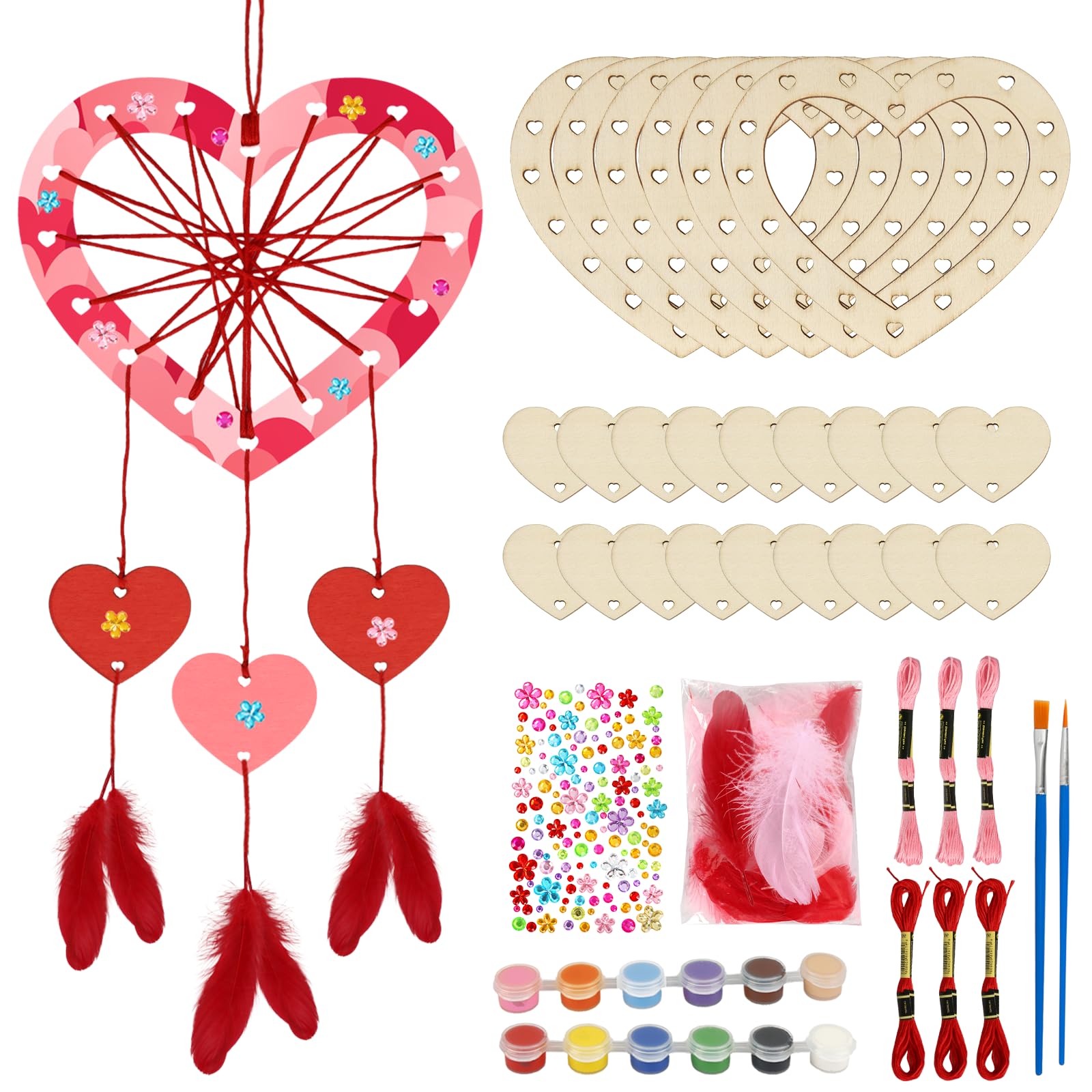 Fennoral 6 Pack Heart Dream Catcher Craft Kit for Kids Paint You Own Love Heart Dream Catcher DIY Coloring Mother's Day Wooden Art and Craft for Art