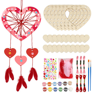 Fennoral 6 Pack Heart Dream Catcher Craft Kit for Kids Paint You Own Love Heart Dream Catcher DIY Coloring Mother's Day Wooden Art and Craft for Art