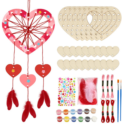 Fennoral 6 Pack Heart Dream Catcher Craft Kit for Kids Paint You Own Love Heart Dream Catcher DIY Coloring Mother's Day Wooden Art and Craft for Art