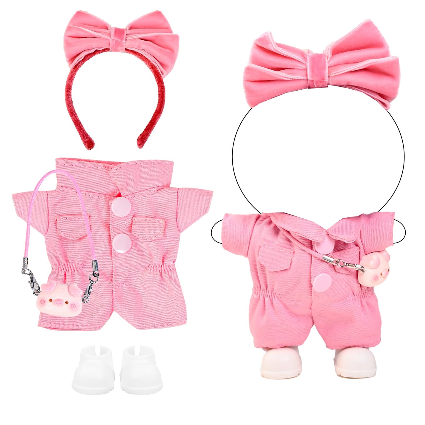 4PCS Pink Kawaii Doll Romper Set Pink Bunny Jumpsuit with Bow Tie for 15-17cm 4 Inch Blind Box Dolls Includes Bow Headwear, Crossbody Bag, One-piece