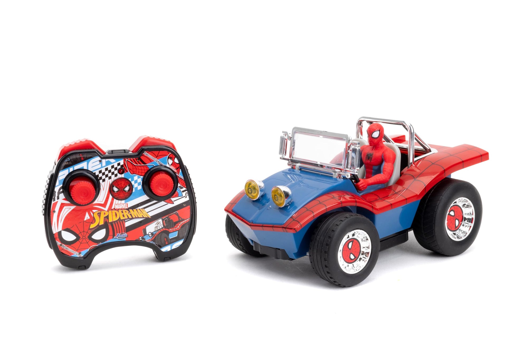 Jada Spider-Man Buggy RC with Non-Removable Spider-Man Figure - 7", Turbo Button, Full-Function Remote Control, Ages 6+, Red/Blue