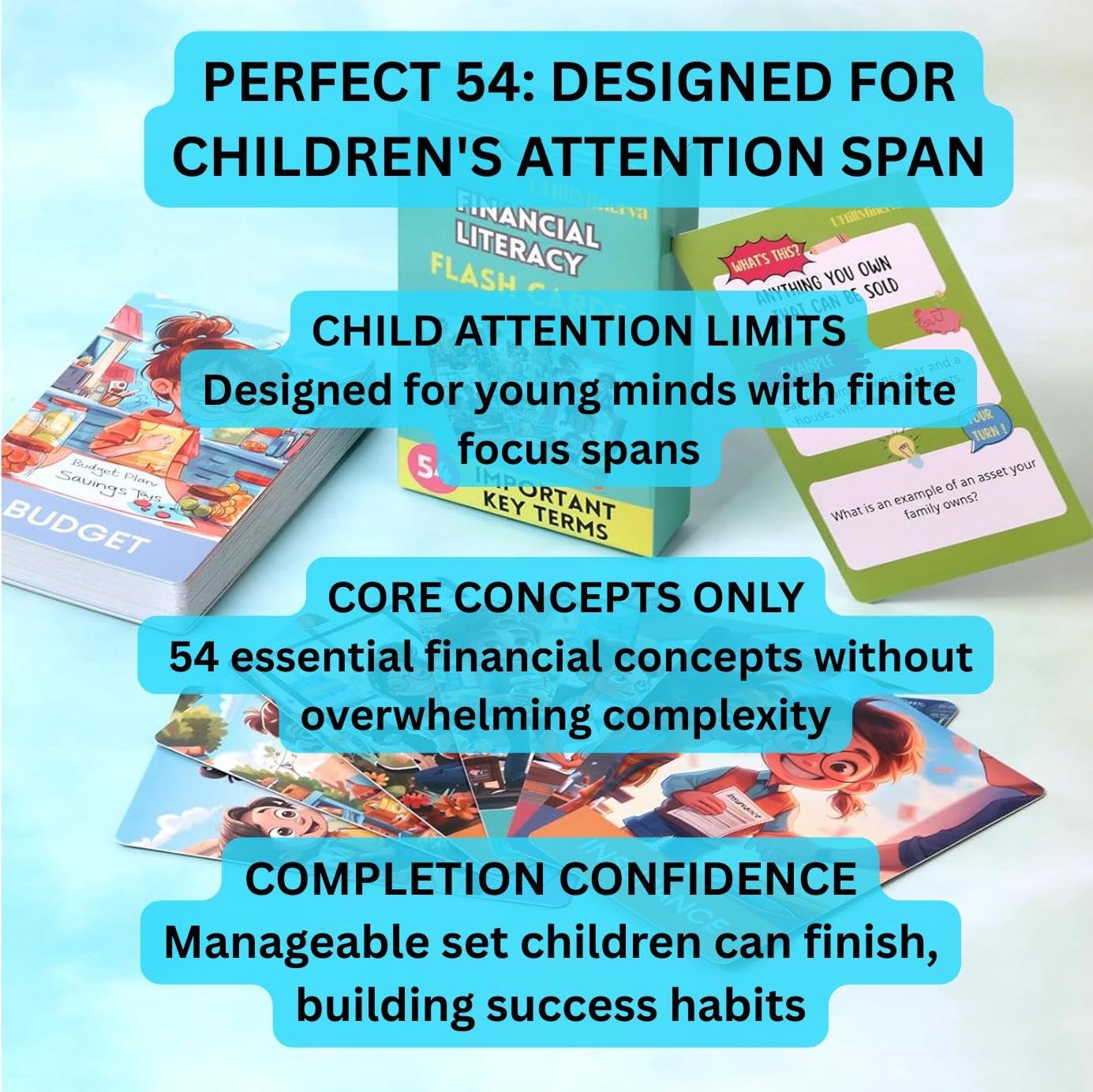 Financial Literacy Flash Cards - Great for Teaching Kids Through Middle School - 54 Educational Money & Learning Resources - Teach Cashflow, Stock