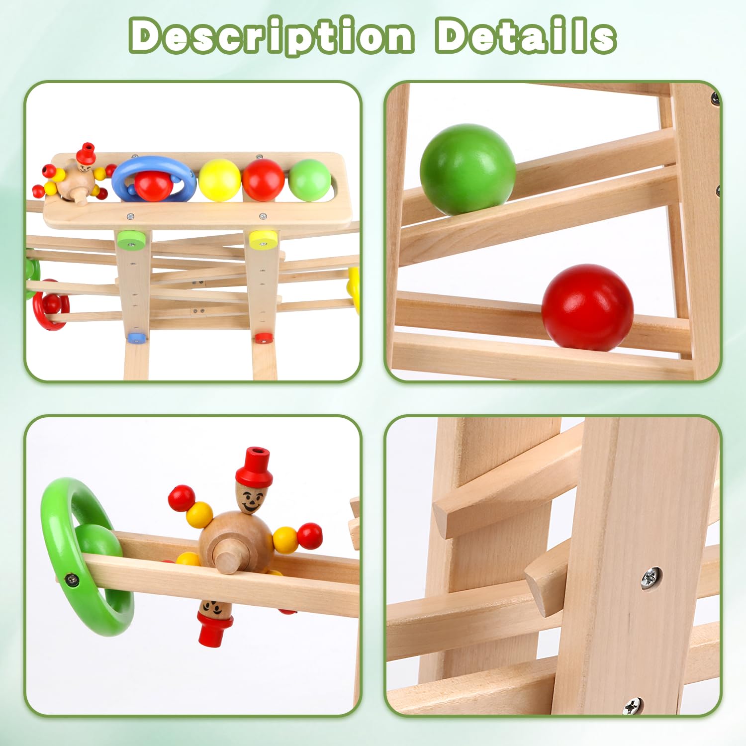 Wooden Wooden Race Track Toddler Toys for 1-3, Wood Car Ramp Racer Toy Vehicle Set with 4 Balls & 5 Race Tracks, Great Educational Montessori Toys