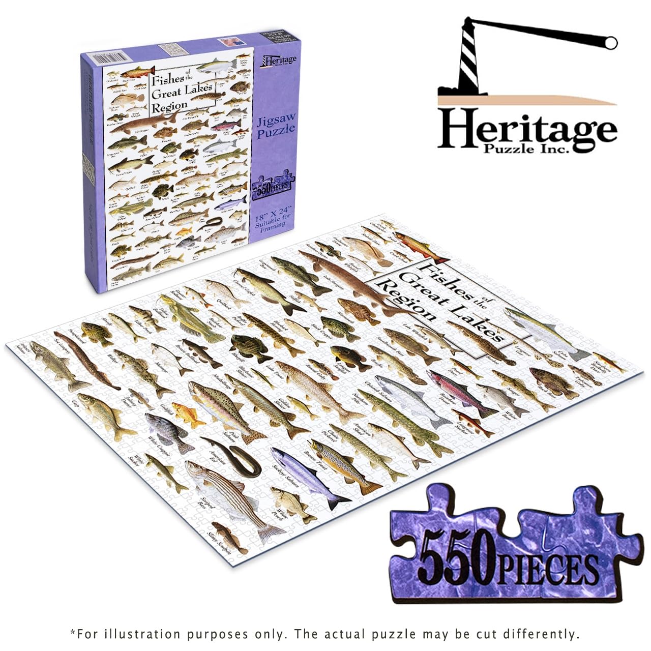 Heritage Puzzle - Fishes of The Great Lakes Region by Duane Raver & Ellen Edmundson 550 Piece Puzzles for Adults - Detailed Nature & Fishing Art