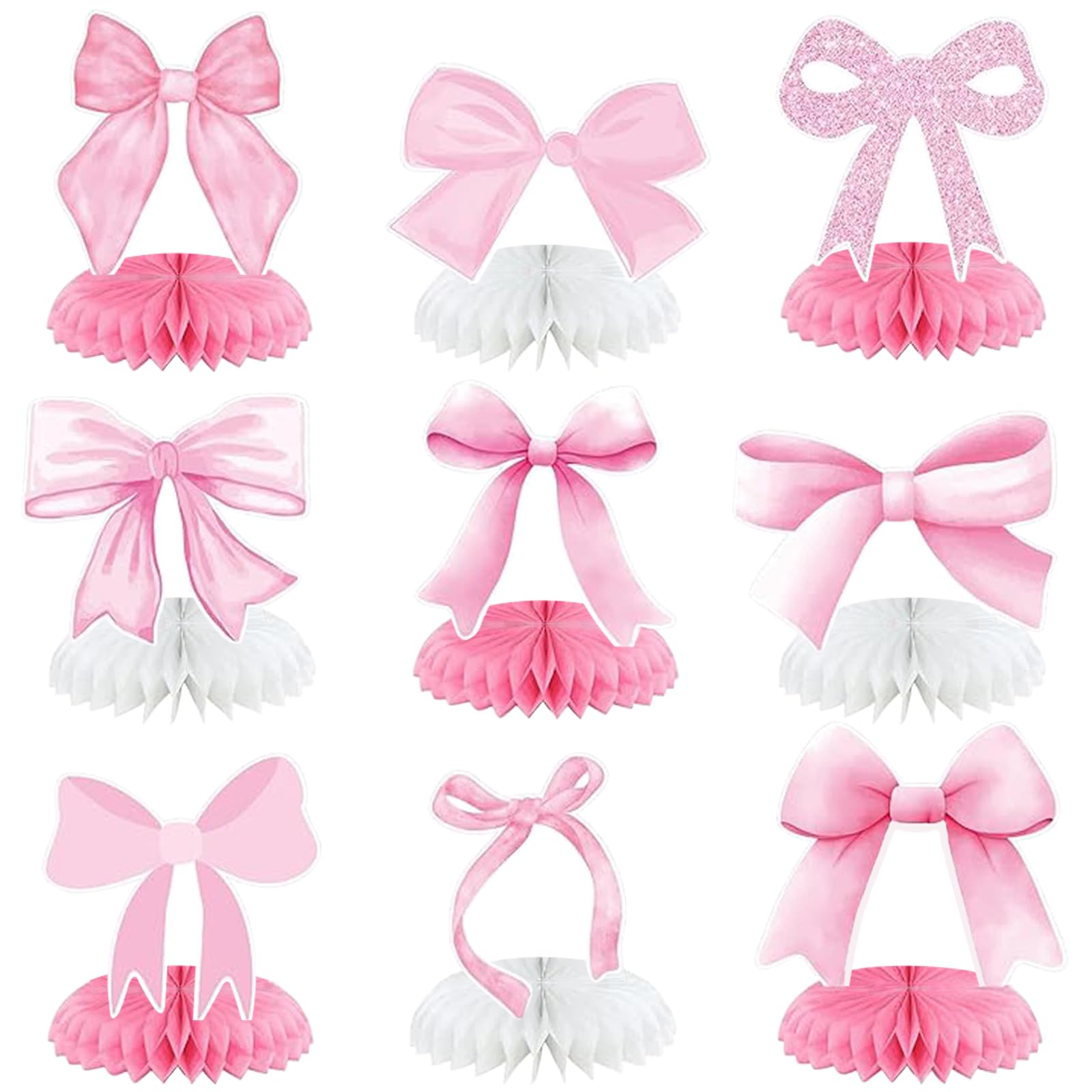 Vyooxcy 9 PCS Pink Bow Theme Honeycomb Centerpieces Decorations, Party Table Topper Decor for Girls Theme Birthday Baby Shower Wedding Party (Princess