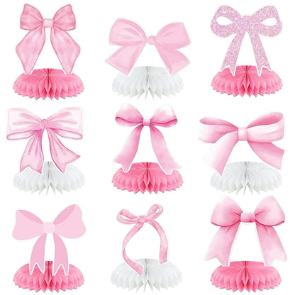 Vyooxcy 9 PCS Pink Bow Theme Honeycomb Centerpieces Decorations, Party Table Topper Decor for Girls Theme Birthday Baby Shower Wedding Party (Princess