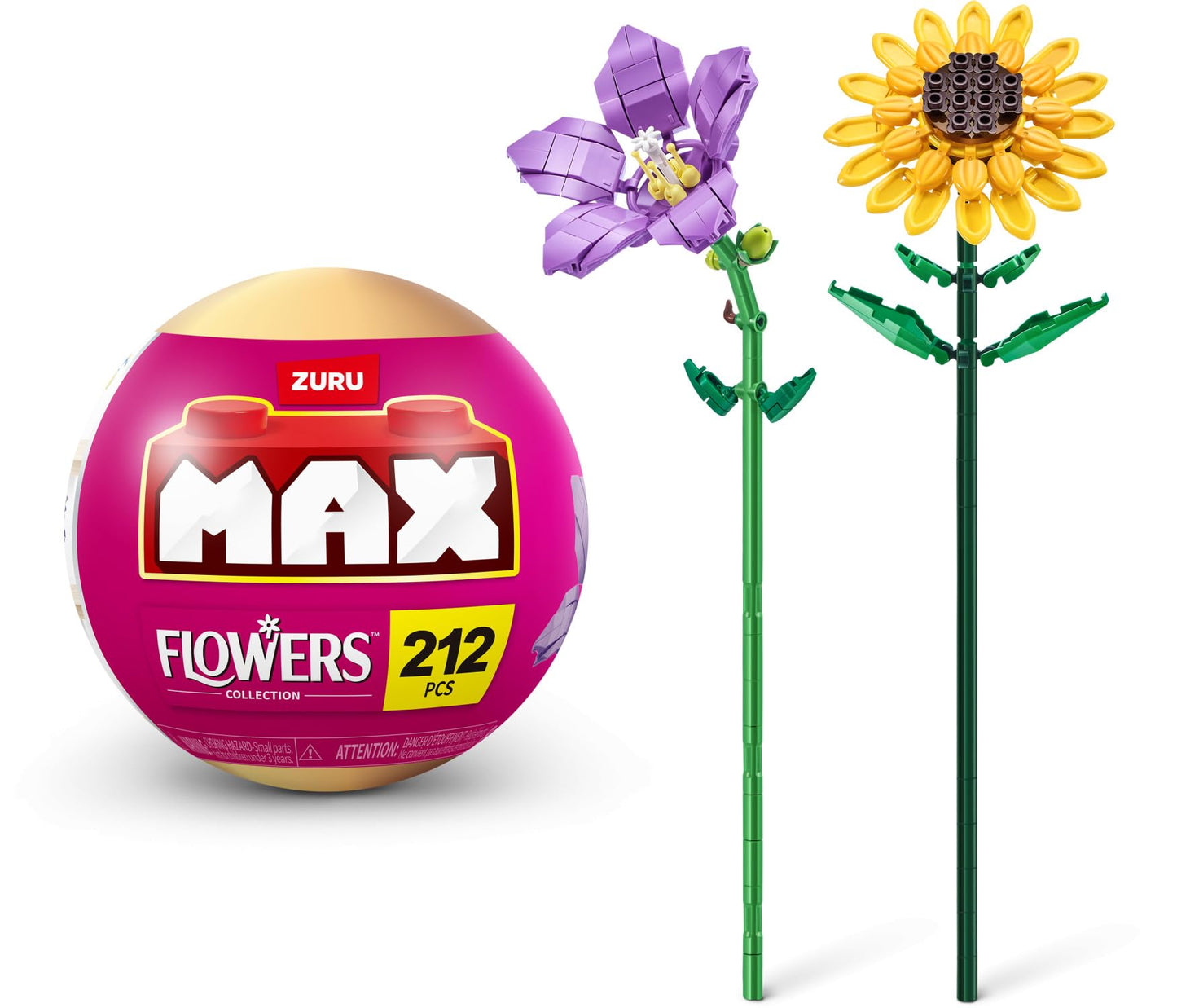 ZURU MAX Premium Garden Building Bricks Collection, Long Flowers Set with 2 Flowers, up to 233 Pieces, 10 Designs to Collect