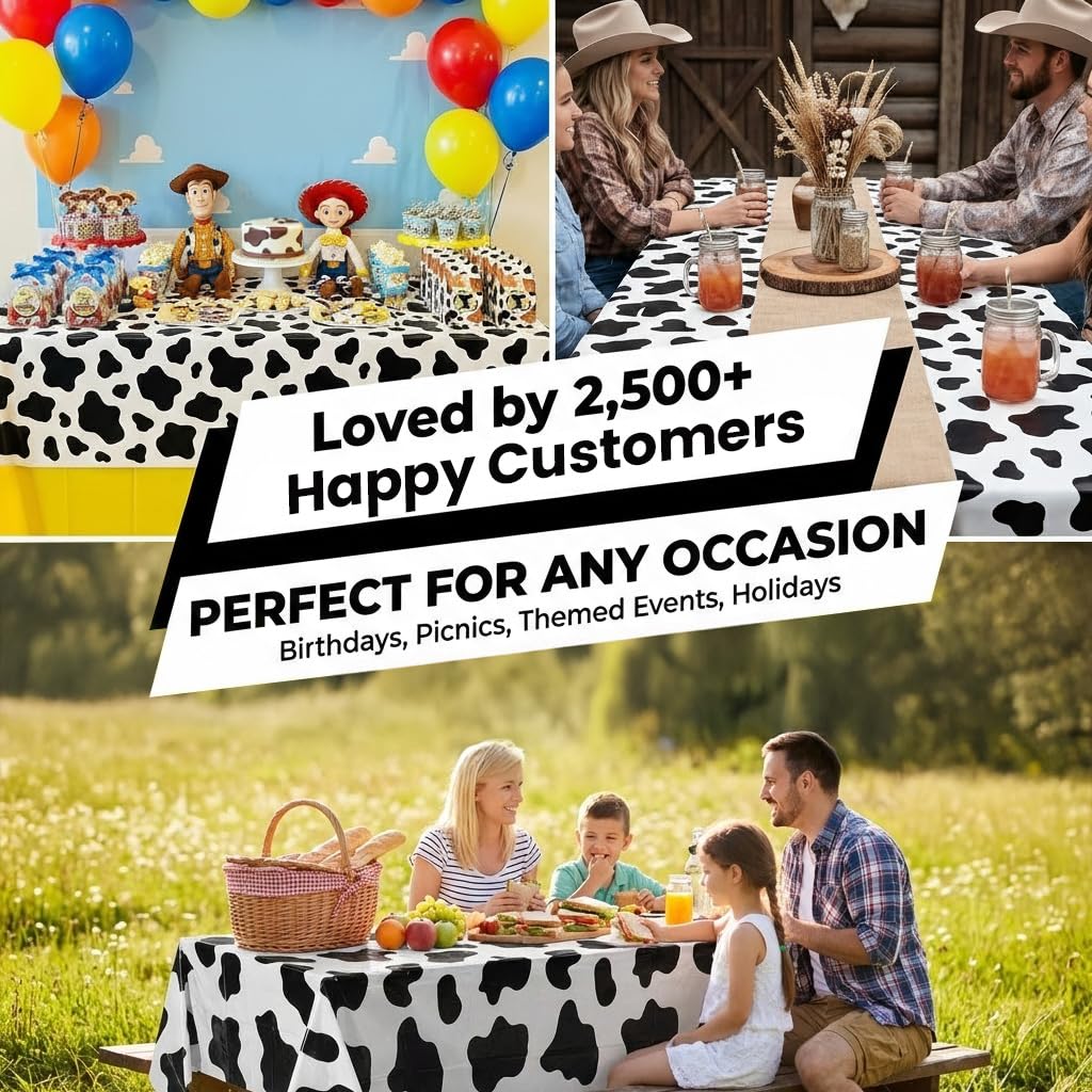 Bedwina Cow Print Tablecloth (Pack of 6) 54 X 72 Inch Tablecloths for Cow Themed Party Decorations, and Birthday Party Decorations, Picnic Table