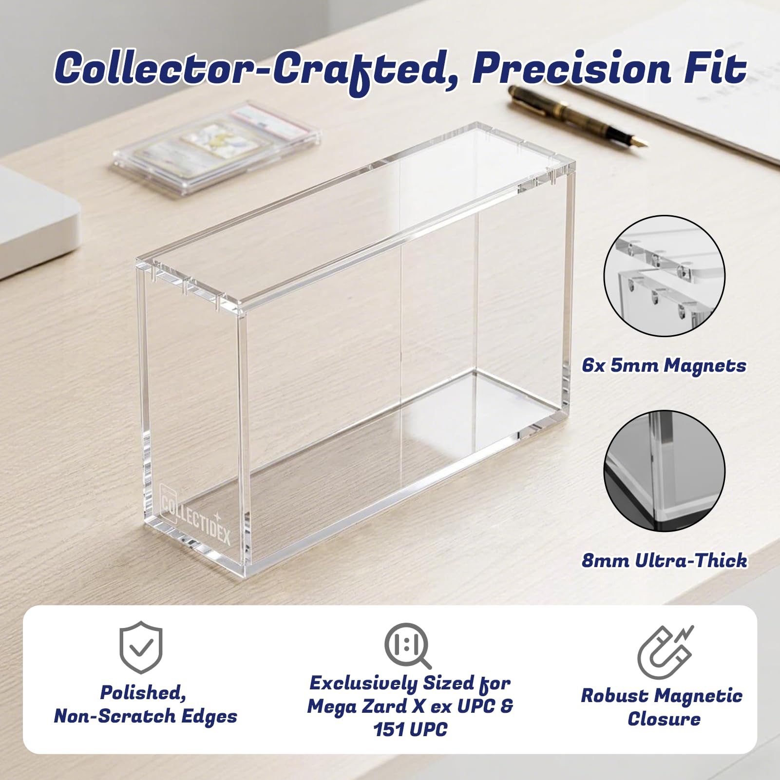 PKMN UPC Acrylic Case Protector - 8mm + 5mm Ultra Thick Clear Acrylic Display Case with Magnetic Lid, Collector Display Box Compatible with Mega