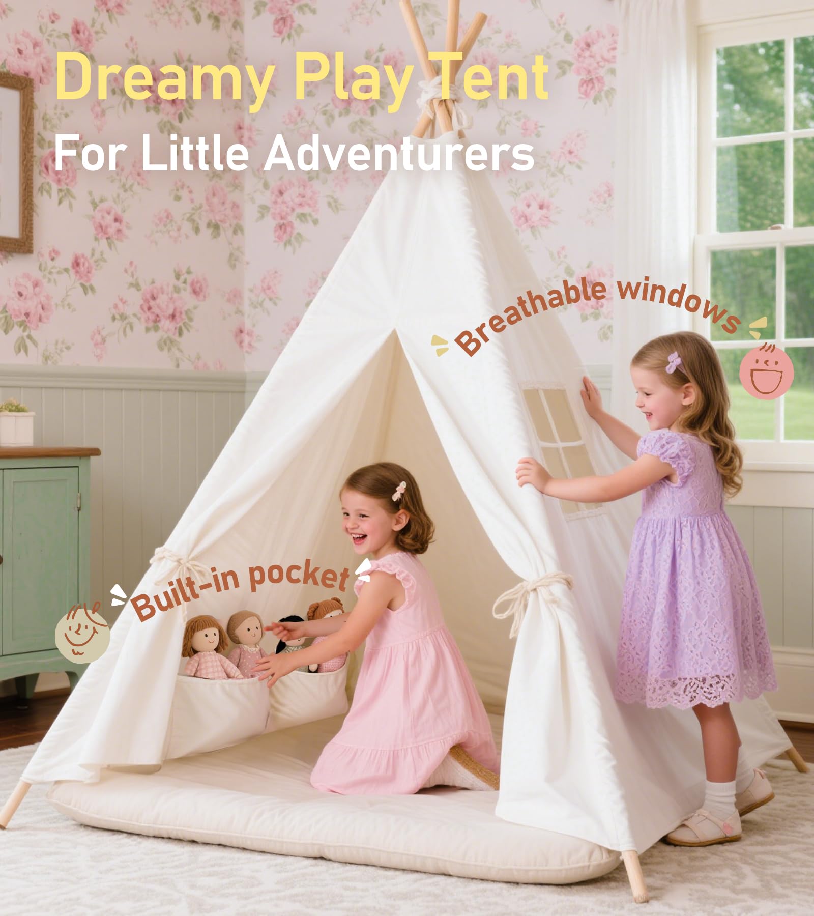 Little Dove Teepee Tent for Kids with Star Lights, Mat & Campfire Toy, Premium Cotton Canvas Kids Play Tent with Wooden Poles, Foldable Indoor Outdoor