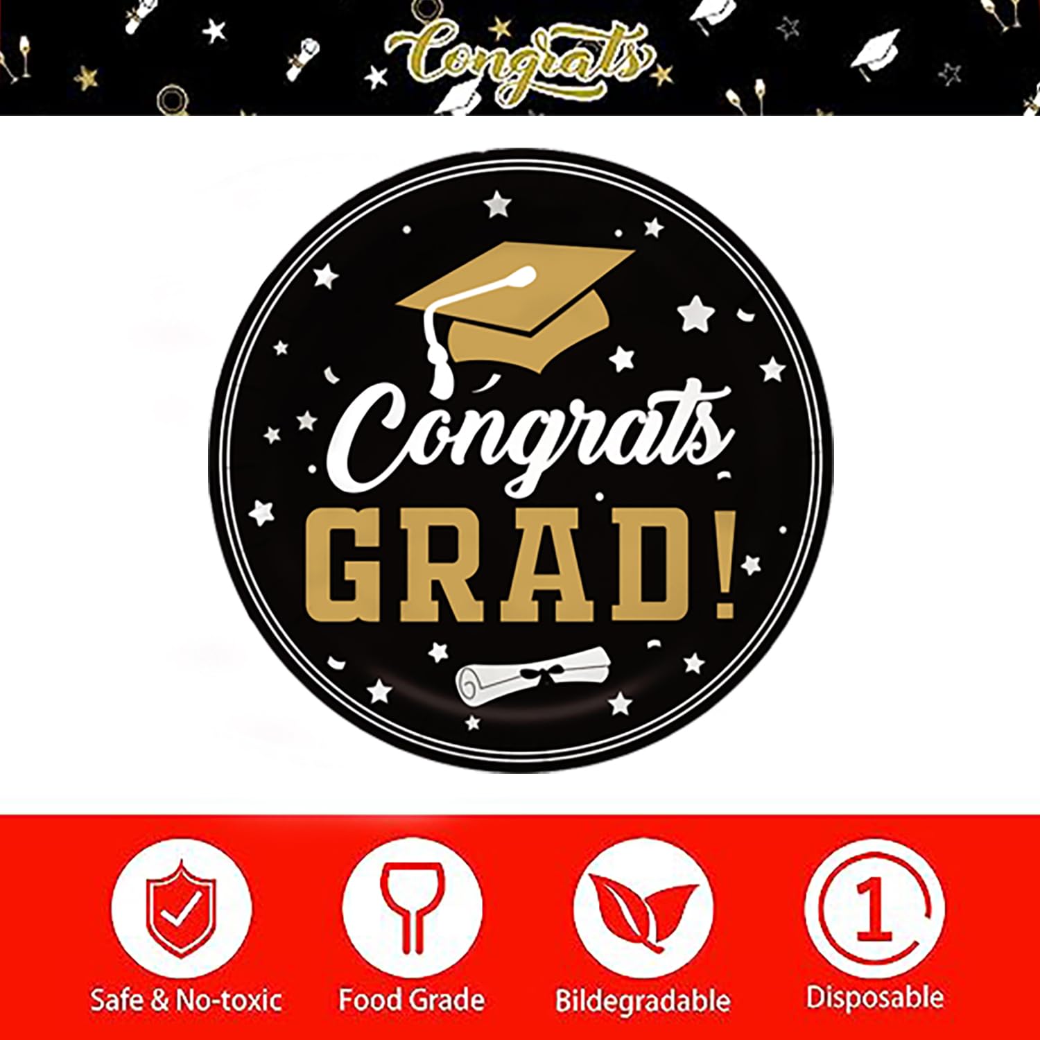 Graduation Party Decorations 126Pcs Black Gold Congrats Grad Dinnerware Party Supplies Includes Tableware Balloons Tablecloth Banner DIY Drink Pouches