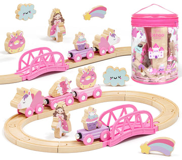 Lehoo Castle Wooden Train Set for Girls, Unicorn Train Set for Toddlers 2-4, Wooden Train Track with Storage Bag, Pink Train Fantasy Toys for 3 Year