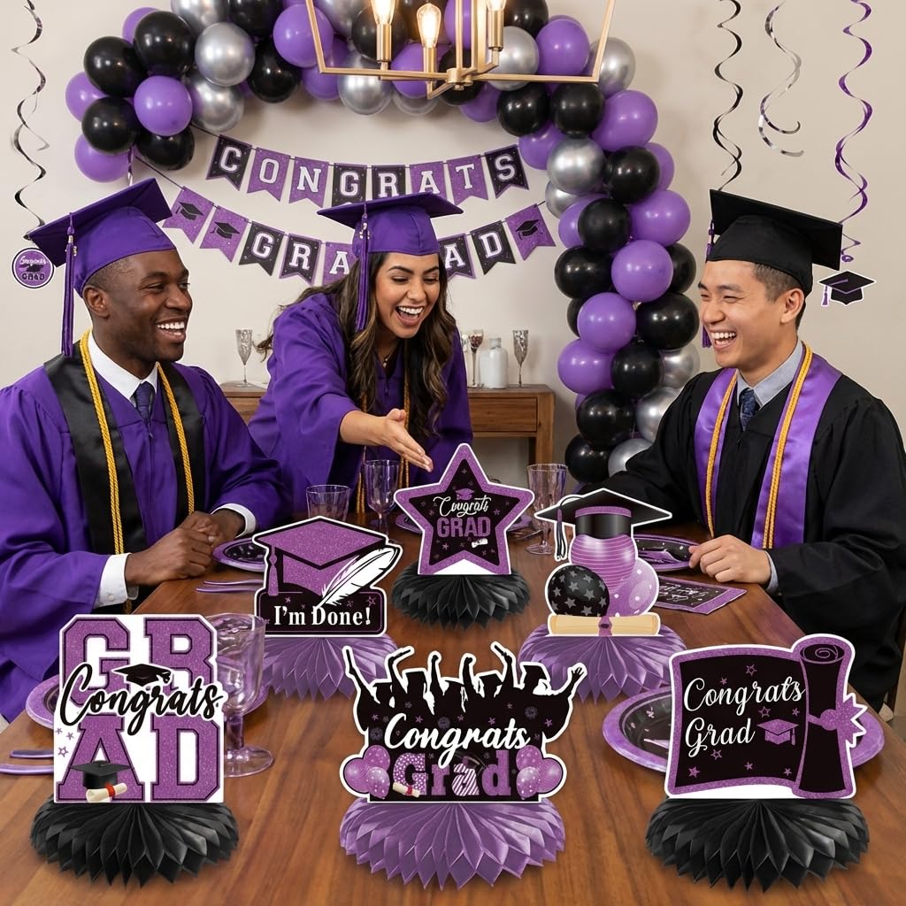 9PCS Graduation Table Decorations 2026 Purple and Black Congrats Grad Table Centerpiece Congratulate Graduation Table Toppers Graduation Decorations