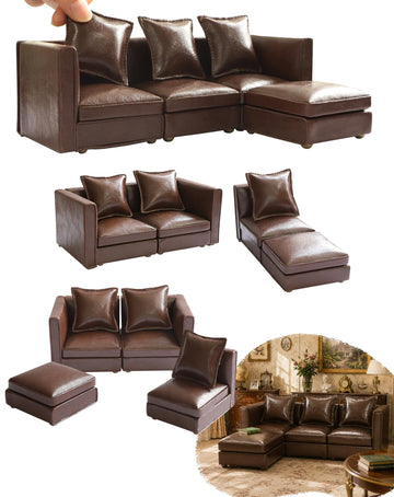 iLAND Dollhouse Furniture Sectional Dollhouse Couch Set Brown Faux Leather Sofa, Miniature Chair Doll House Furniture, Chic 1/12 Scale Miniature