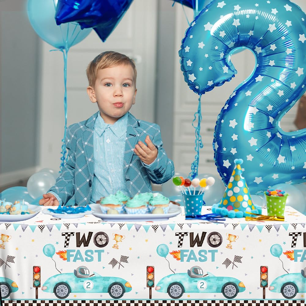 GREHUMOR 3Pcs Two Fast Race Car Birthday Tablecloth Decorations for Boys Blue Race Car Checkered Flags Table Cover Racing Wheel Plastic Rectangular