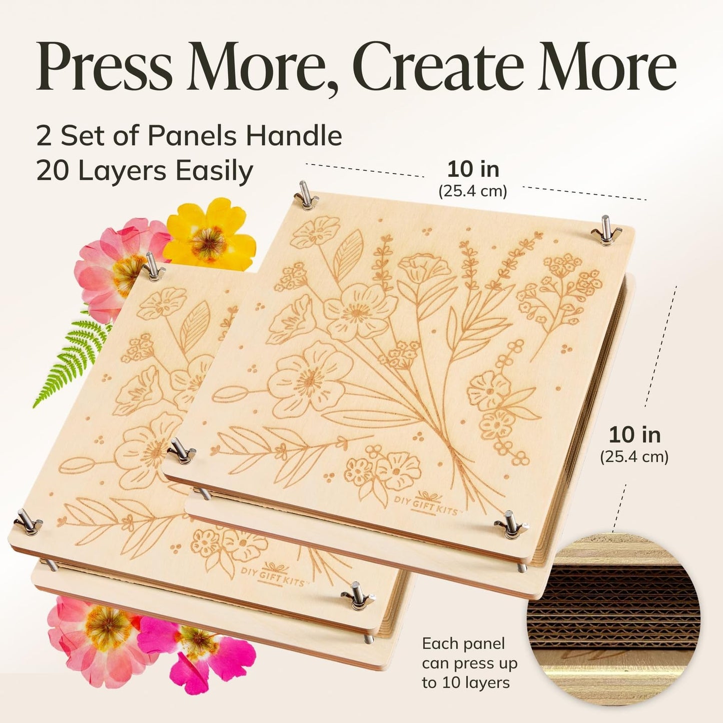 DIY Gift Kits Flower Press Kit - 20 Layers - 2 Sets of 10x10 Inch Wooden Panels - Easy Dried Flower Crafting and Preservation - Adult Beginner Gift