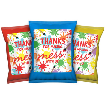DISTINCTIVS Art Birthday Party Chip Bag Stickers - 32 Count - Thanks for Makin a Mess with Me - Paint Party Favor Labels for Snack Bags - Kids Tween