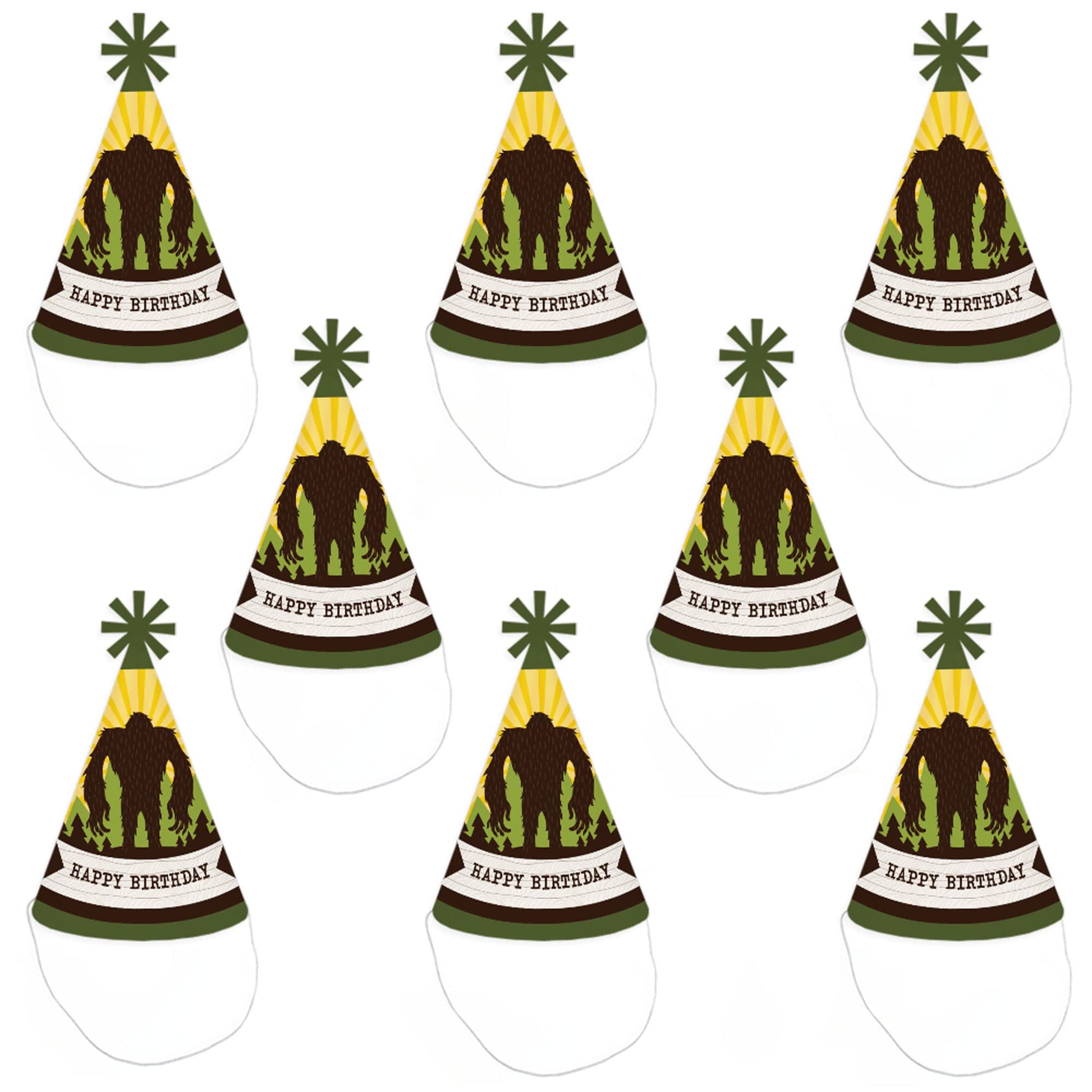 Big Dot of Happiness Sasquatch Crossing - Cone Happy Birthday Party Hats for Kids and Adults - Set of 8 (Standard Size)