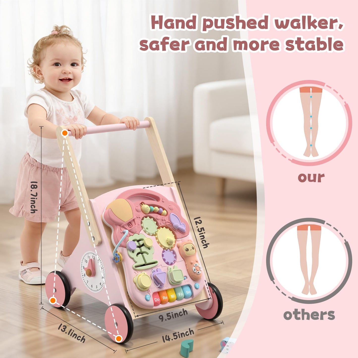CHIAKBDK 2 in 1 Wooden Baby Walker and Activity Center for Girls Boys Sit-to-Stand Learning Toy Kids Montessori Educational Push Toys with Music