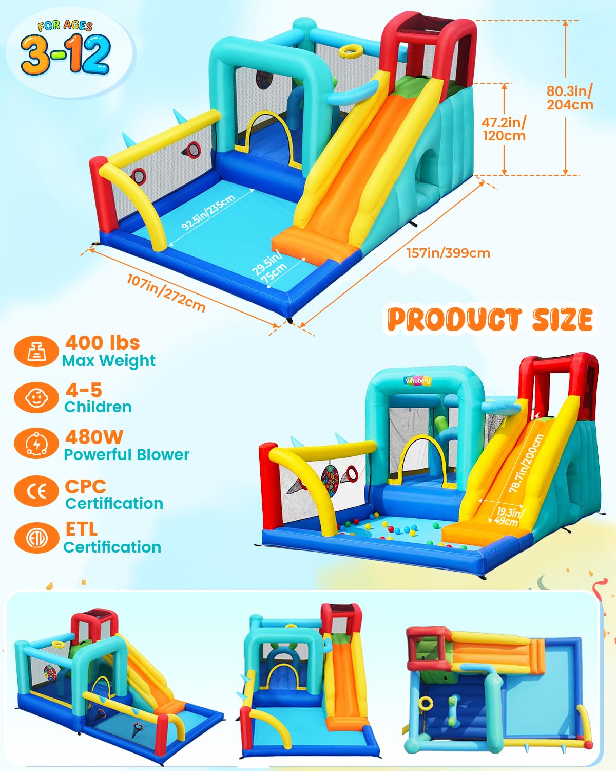 Whubefy 14-in-1 Bounce House for Kids with Ball Pit & Rabbit Ears Obstacle