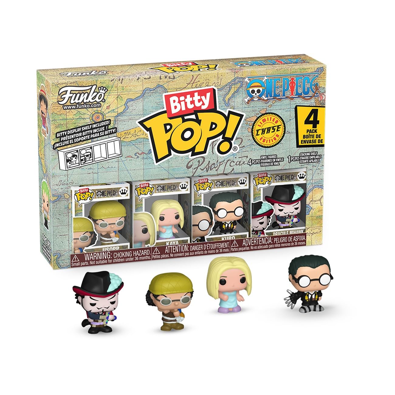 Funko Bitty Pop! One Piece - Usopp, Kaya, Kuro, and A Surprise Mystery Mini Figure - 0.9 Inch (2.2 Cm) Collectable - Stackable Display Shelf Included